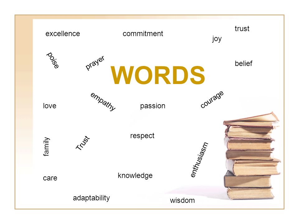 WORDS excellence love Trust respect joy knowledge prayer belief care courage commitment empathy enthusiasm adaptability trust family wisdom poise passion