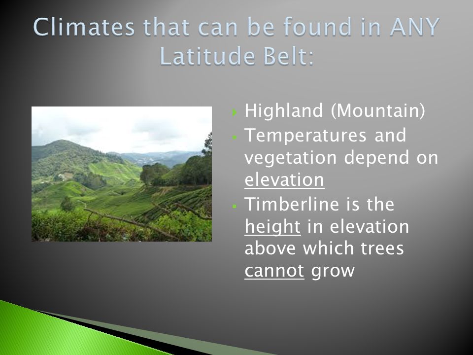  Highland (Mountain)  Temperatures and vegetation depend on elevation  Timberline is the height in elevation above which trees cannot grow
