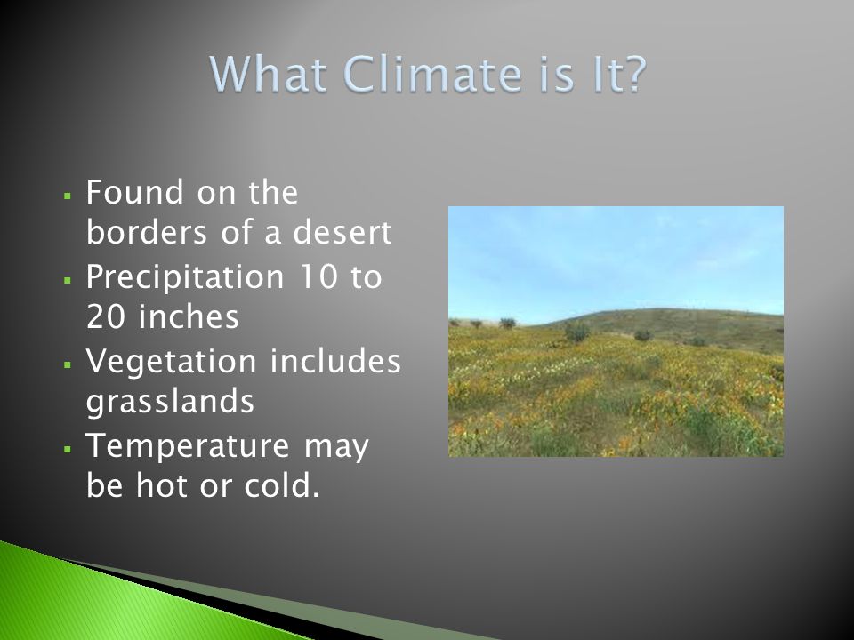  Found on the borders of a desert  Precipitation 10 to 20 inches  Vegetation includes grasslands  Temperature may be hot or cold.