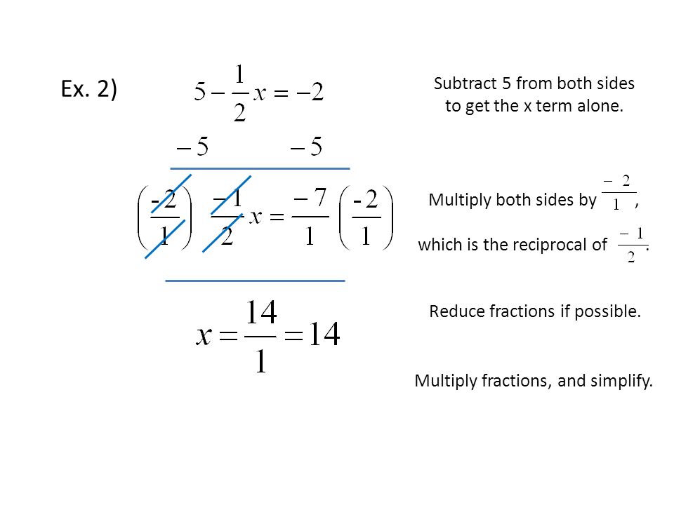 Ex. 2) Subtract 5 from both sides to get the x term alone.