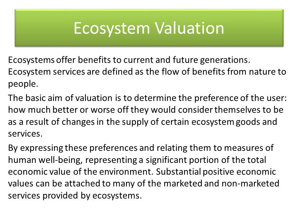 Ecosystem Valuation Ecosystems offer benefits to current and future generations.