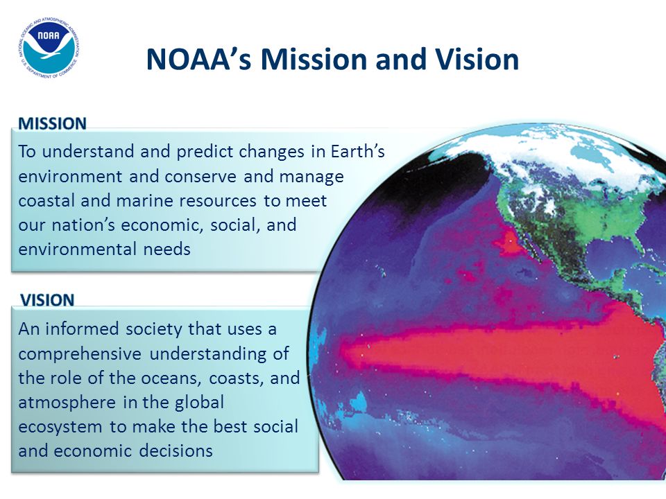 To understand and predict changes in Earth’s environment and conserve and manage coastal and marine resources to meet our nation’s economic, social, and environmental needs NOAA’s Mission and Vision An informed society that uses a comprehensive understanding of the role of the oceans, coasts, and atmosphere in the global ecosystem to make the best social and economic decisions