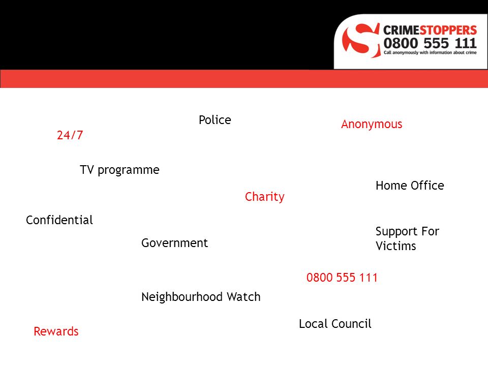 24/7 Charity Anonymous Rewards TV programme Home Office Confidential Police Government Support For Victims Neighbourhood Watch Local Council