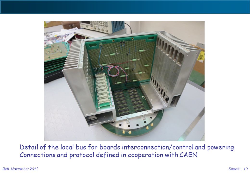 BNL November 2013Slide# : 10 Detail of the local bus for boards interconnection/control and powering Connections and protocol defined in cooperation with CAEN