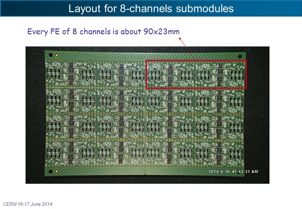 Layout for 8-channels submodules CERN June 2014 Every FE of 8 channels is about 90x23mm