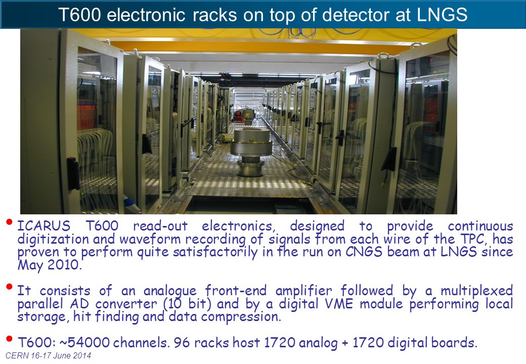 T600 electronic racks on top of detector at LNGS ICARUS T600 read-out electronics, designed to provide continuous digitization and waveform recording of signals from each wire of the TPC, has proven to perform quite satisfactorily in the run on CNGS beam at LNGS since May 2010.