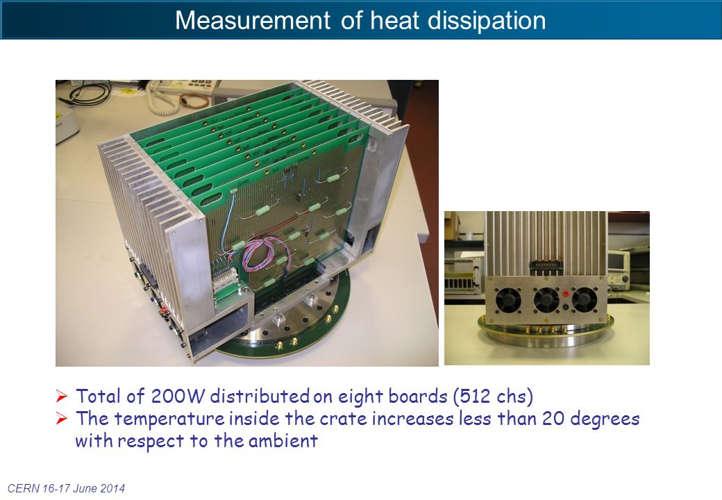 Measurement of heat dissipation  Total of 200W distributed on eight boards (512 chs)  The temperature inside the crate increases less than 20 degrees with respect to the ambient CERN June 2014