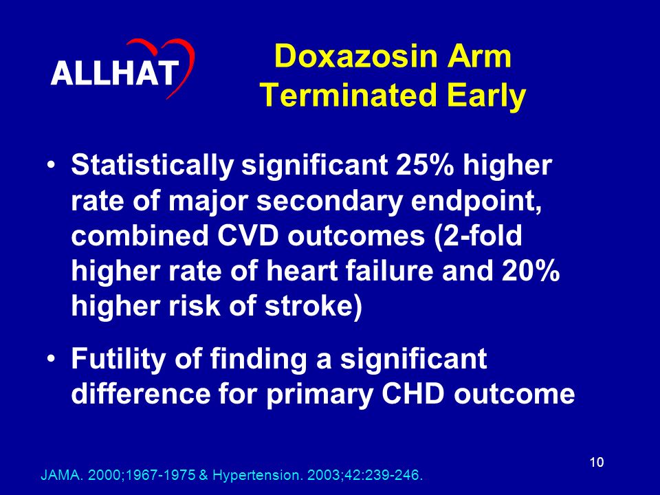 10 Doxazosin Arm Terminated Early Statistically significant 25% higher rate of major secondary endpoint, combined CVD outcomes (2-fold higher rate of heart failure and 20% higher risk of stroke) Futility of finding a significant difference for primary CHD outcome ALLHAT JAMA.