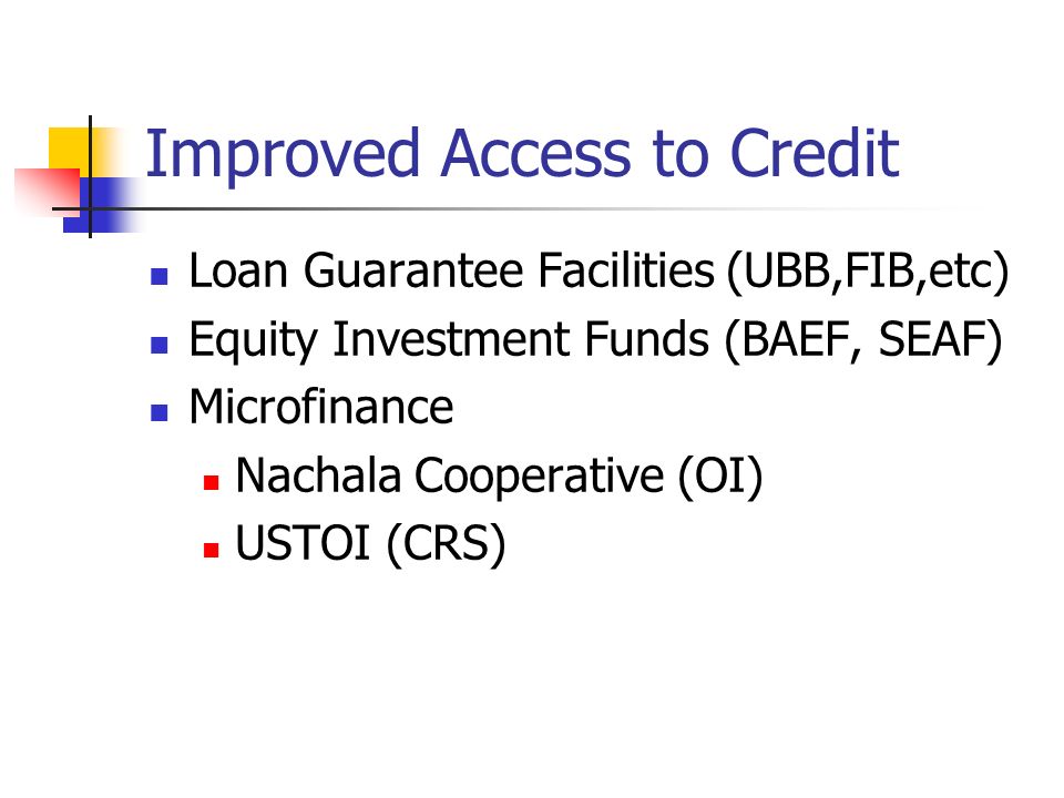Improved Access to Credit Loan Guarantee Facilities (UBB,FIB,etc) Equity Investment Funds (BAEF, SEAF) Microfinance Nachala Cooperative (OI) USTOI (CRS)