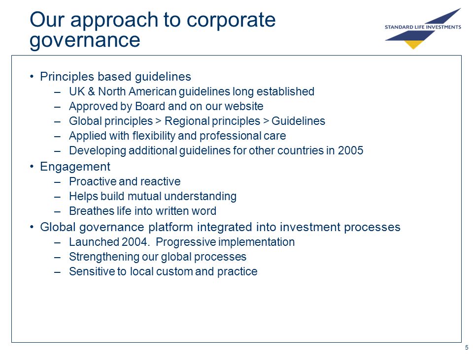 5 Our approach to corporate governance Principles based guidelines –UK & North American guidelines long established –Approved by Board and on our website –Global principles > Regional principles > Guidelines –Applied with flexibility and professional care –Developing additional guidelines for other countries in 2005 Engagement –Proactive and reactive –Helps build mutual understanding –Breathes life into written word Global governance platform integrated into investment processes –Launched 2004.