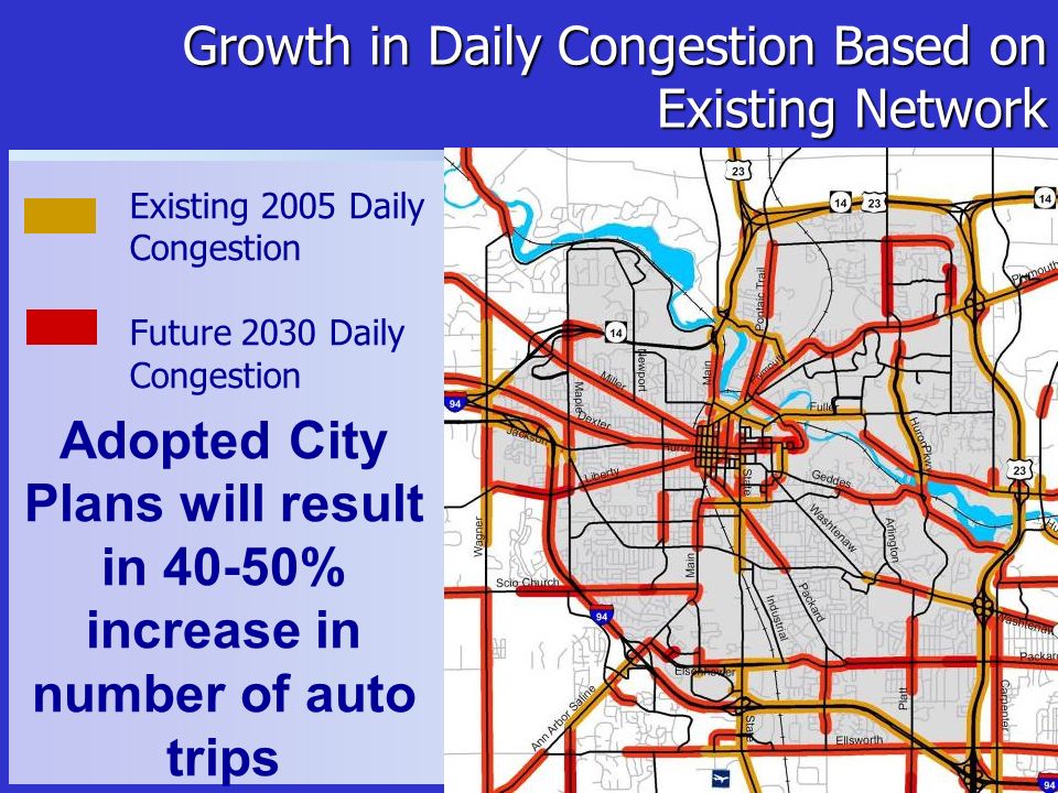 Growth in Daily Congestion Based on Existing Network Existing 2005 Daily Congestion Future 2030 Daily Congestion Adopted City Plans will result in 40-50% increase in number of auto trips