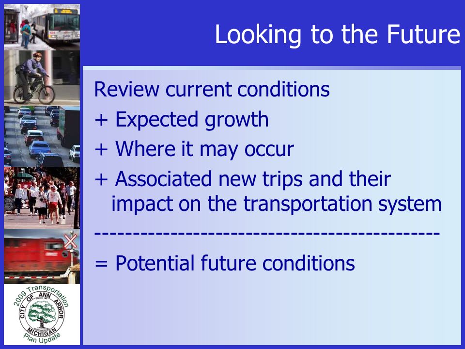 Looking to the Future Review current conditions + Expected growth + Where it may occur + Associated new trips and their impact on the transportation system = Potential future conditions
