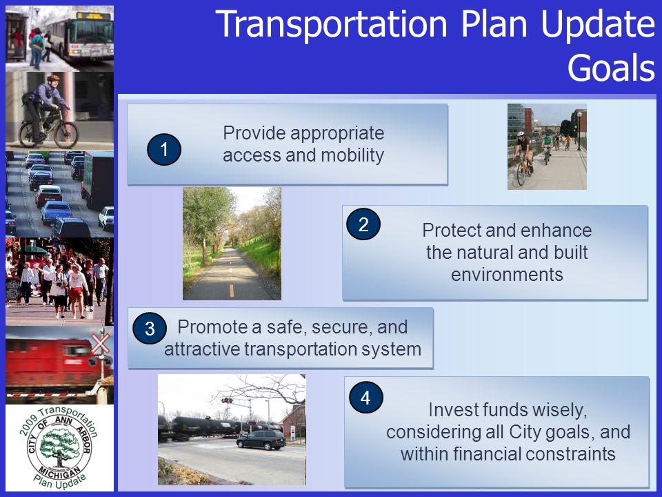 1990 Transportation Plan Goals Transportation Plan Update Goals Provide appropriate access and mobility 1 Protect and enhance the natural and built environments 2 Promote a safe, secure, and attractive transportation system 3 Invest funds wisely, considering all City goals, and within financial constraints 4