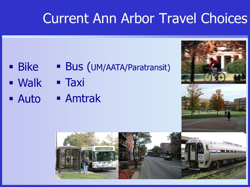 Current Ann Arbor Travel Choices  Bike  Walk  Auto  Bus ( UM/AATA/Paratransit)  Taxi  Amtrak