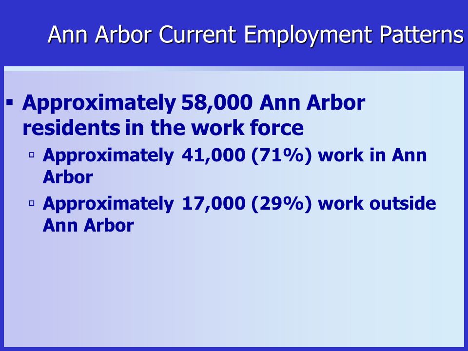 Ann Arbor Current Employment Patterns  Approximately 58,000 Ann Arbor residents in the work force  Approximately 41,000 (71%) work in Ann Arbor  Approximately 17,000 (29%) work outside Ann Arbor