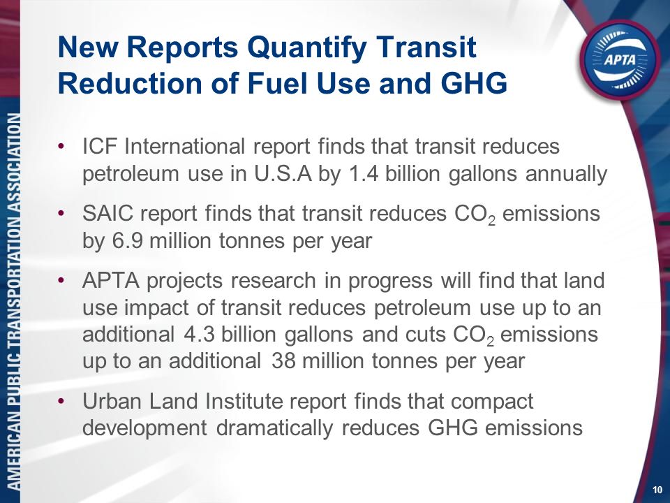 10 New Reports Quantify Transit Reduction of Fuel Use and GHG ICF International report finds that transit reduces petroleum use in U.S.A by 1.4 billion gallons annually SAIC report finds that transit reduces CO 2 emissions by 6.9 million tonnes per year APTA projects research in progress will find that land use impact of transit reduces petroleum use up to an additional 4.3 billion gallons and cuts CO 2 emissions up to an additional 38 million tonnes per year Urban Land Institute report finds that compact development dramatically reduces GHG emissions