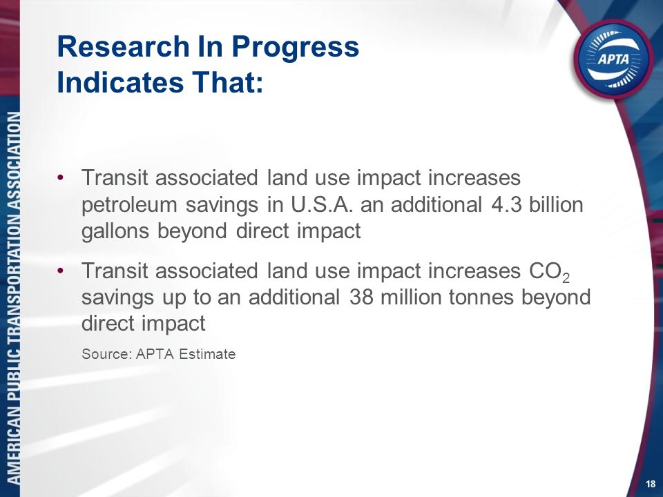 18 Research In Progress Indicates That: Transit associated land use impact increases petroleum savings in U.S.A.
