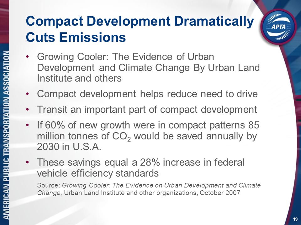 19 Compact Development Dramatically Cuts Emissions Growing Cooler: The Evidence of Urban Development and Climate Change By Urban Land Institute and others Compact development helps reduce need to drive Transit an important part of compact development If 60% of new growth were in compact patterns 85 million tonnes of CO 2 would be saved annually by 2030 in U.S.A.