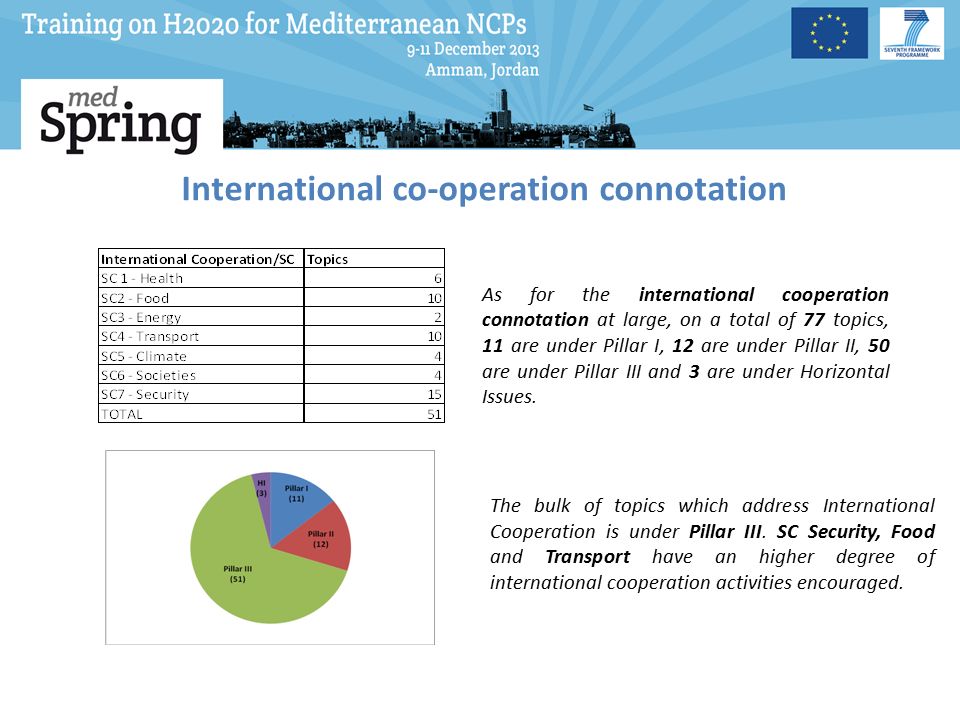 International co-operation connotation As for the international cooperation connotation at large, on a total of 77 topics, 11 are under Pillar I, 12 are under Pillar II, 50 are under Pillar III and 3 are under Horizontal Issues.