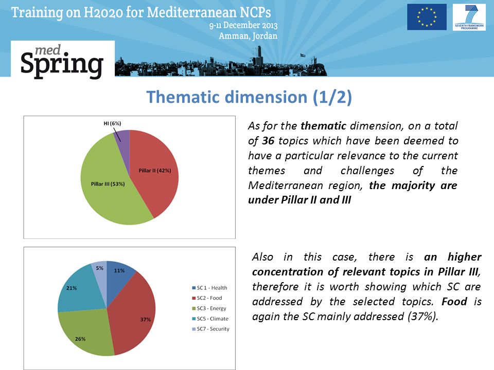 Thematic dimension (1/2) Also in this case, there is an higher concentration of relevant topics in Pillar III, therefore it is worth showing which SC are addressed by the selected topics.