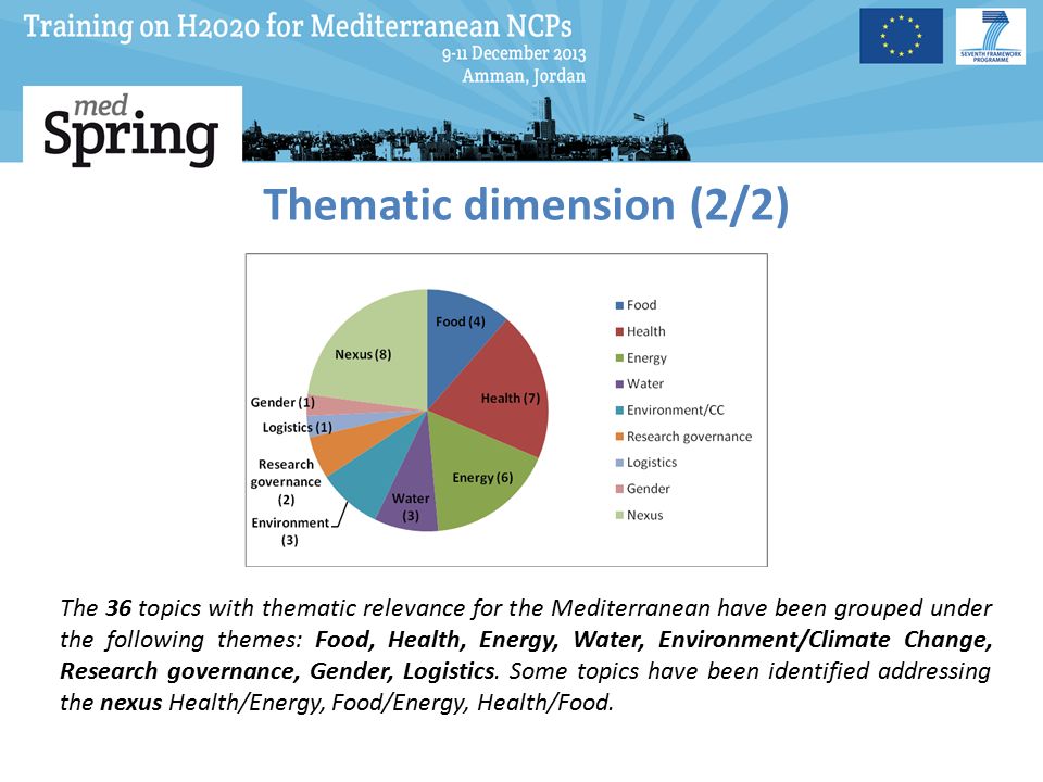 Thematic dimension (2/2) The 36 topics with thematic relevance for the Mediterranean have been grouped under the following themes: Food, Health, Energy, Water, Environment/Climate Change, Research governance, Gender, Logistics.