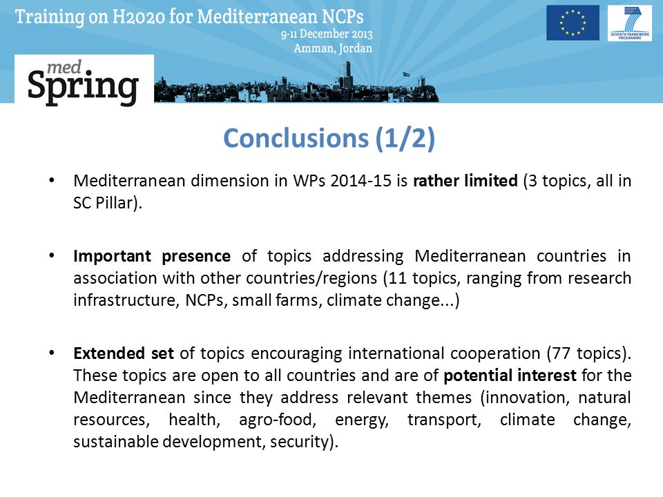 Conclusions (1/2) Mediterranean dimension in WPs is rather limited (3 topics, all in SC Pillar).