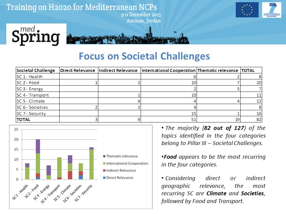 Focus on Societal Challenges The majority (82 out of 127) of the topics identified in the four categories belong to Pillar III – Societal Challenges.