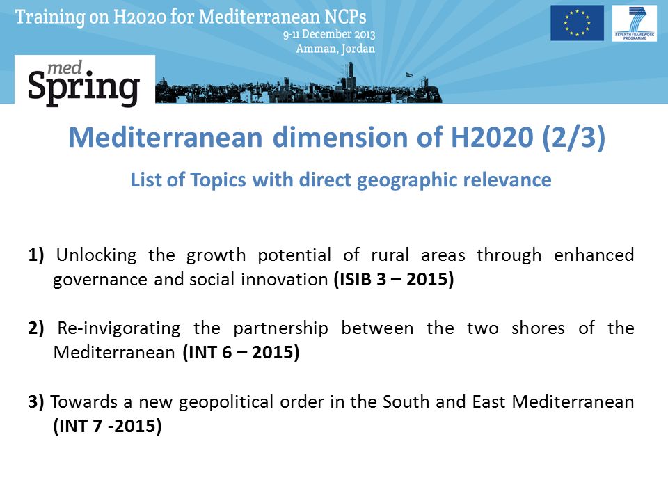 Mediterranean dimension of H2020 (2/3) List of Topics with direct geographic relevance 1) Unlocking the growth potential of rural areas through enhanced governance and social innovation (ISIB 3 – 2015) 2) Re-invigorating the partnership between the two shores of the Mediterranean (INT 6 – 2015) 3) Towards a new geopolitical order in the South and East Mediterranean (INT )