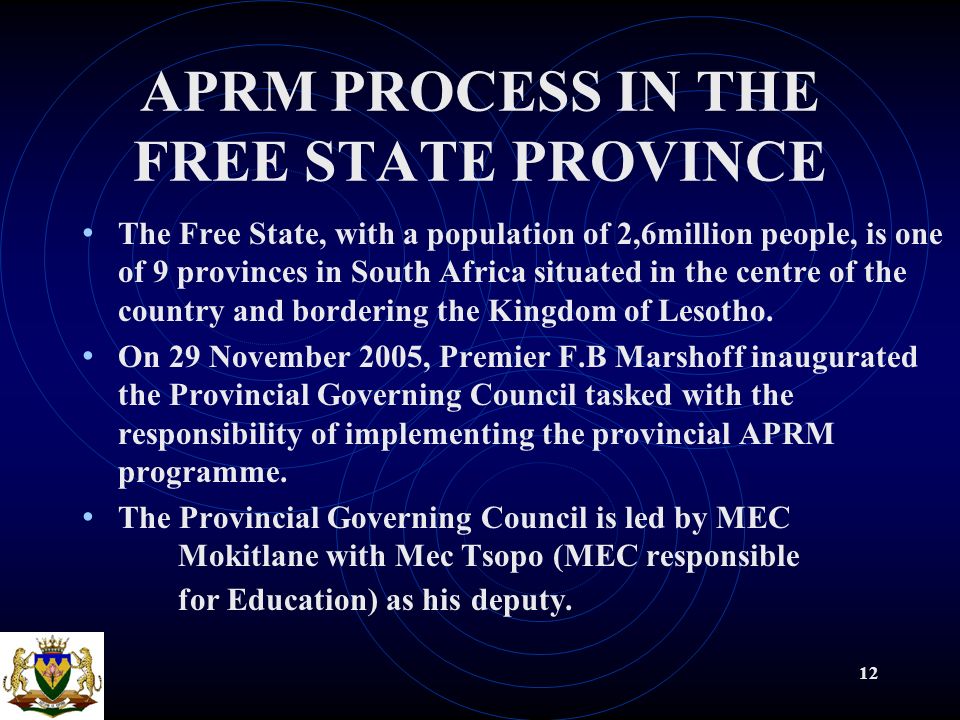 12 APRM PROCESS IN THE FREE STATE PROVINCE The Free State, with a population of 2,6million people, is one of 9 provinces in South Africa situated in the centre of the country and bordering the Kingdom of Lesotho.