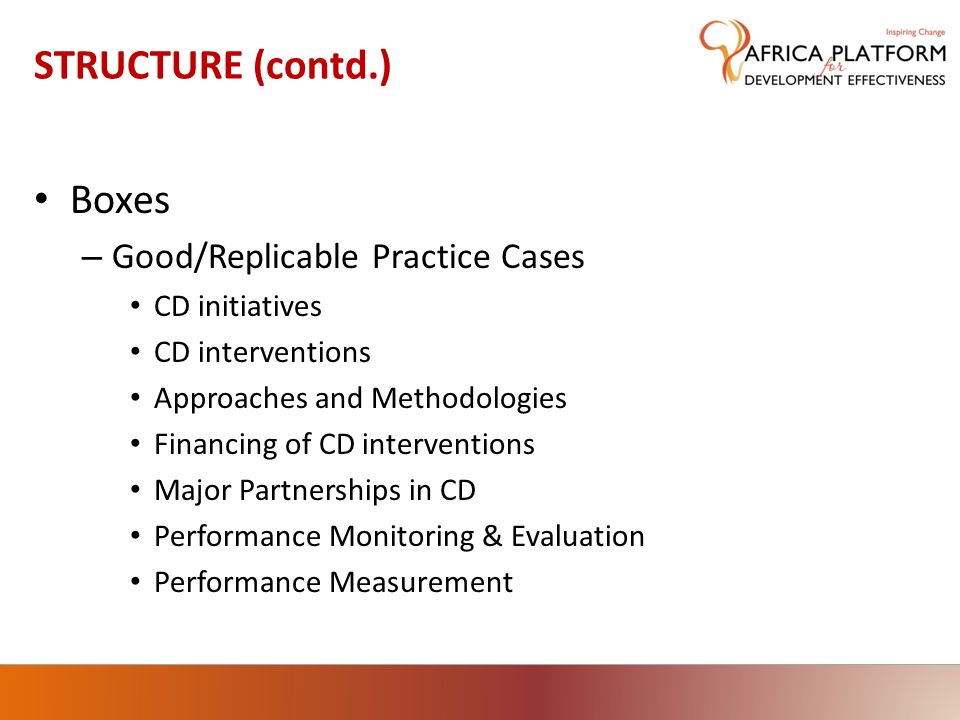 STRUCTURE (contd.) Boxes – Good/Replicable Practice Cases CD initiatives CD interventions Approaches and Methodologies Financing of CD interventions Major Partnerships in CD Performance Monitoring & Evaluation Performance Measurement
