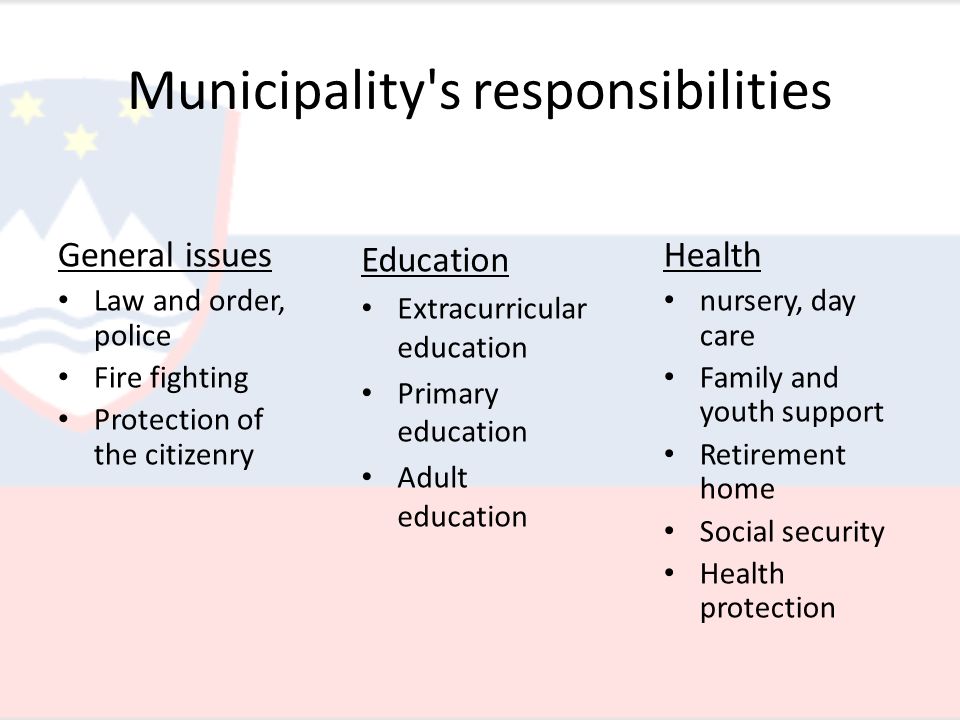 Municipality s responsibilities General issues Law and order, police Fire fighting Protection of the citizenry Health nursery, day care Family and youth support Retirement home Social security Health protection Education Extracurricular education Primary education Adult education