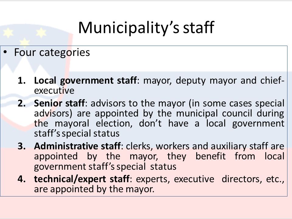 Municipality’s staff Four categories 1.Local government staff: mayor, deputy mayor and chief- executive 2.Senior staff: advisors to the mayor (in some cases special advisors) are appointed by the municipal council during the mayoral election, don’t have a local government staff’s special status 3.Administrative staff: clerks, workers and auxiliary staff are appointed by the mayor, they benefit from local government staff’s special status 4.technical/expert staff: experts, executive directors, etc., are appointed by the mayor.