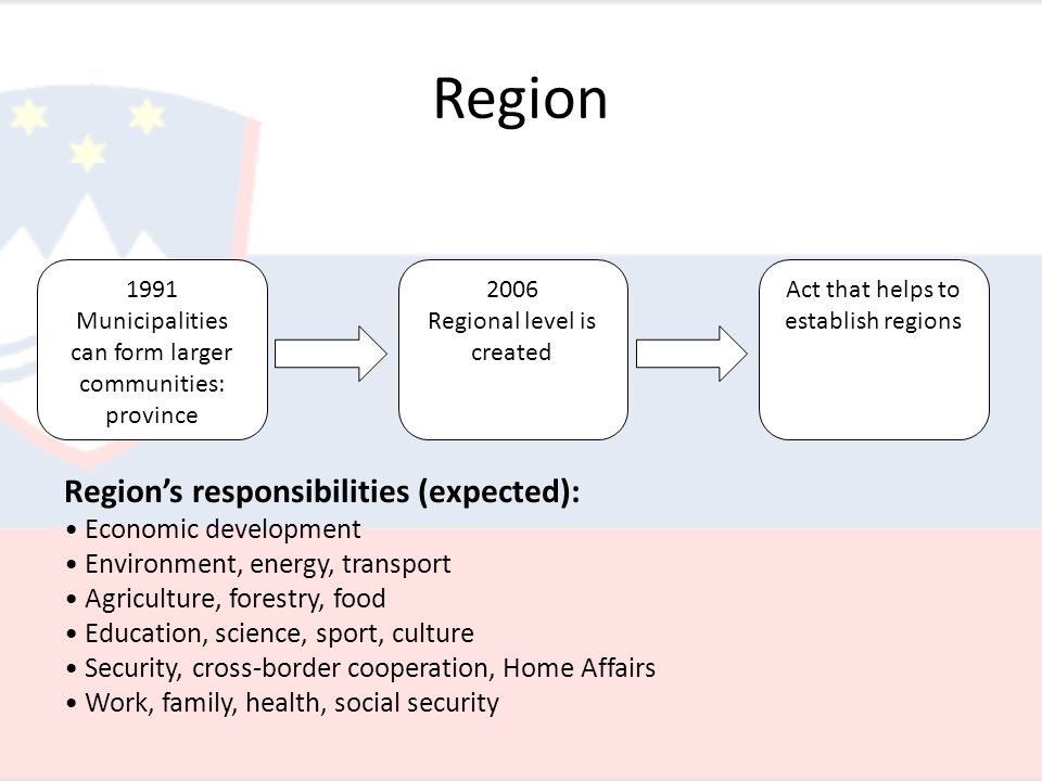 Region Region’s responsibilities (expected): Economic development Environment, energy, transport Agriculture, forestry, food Education, science, sport, culture Security, cross-border cooperation, Home Affairs Work, family, health, social security 1991 Municipalities can form larger communities: province 2006 Regional level is created Act that helps to establish regions