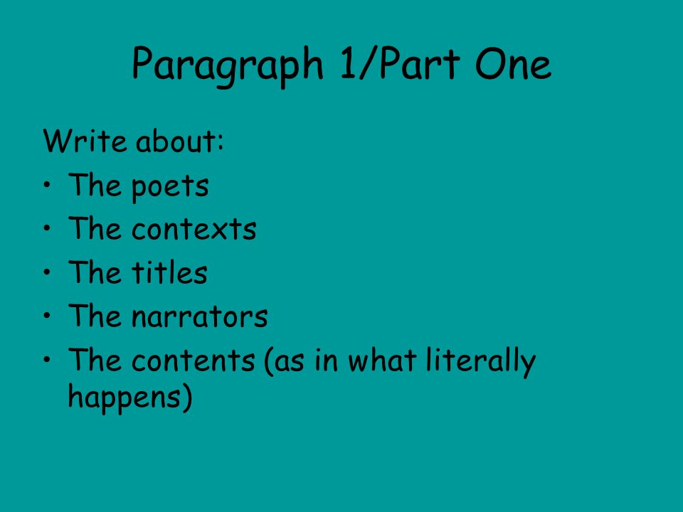 Paragraph 1/Part One Write about: The poets The contexts The titles The narrators The contents (as in what literally happens)