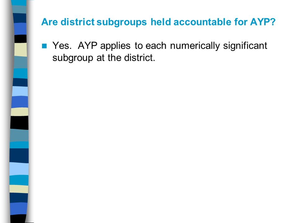 Are district subgroups held accountable for AYP. Yes.