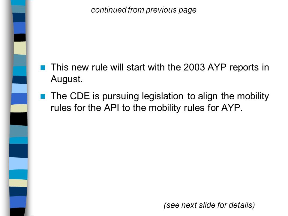 This new rule will start with the 2003 AYP reports in August.