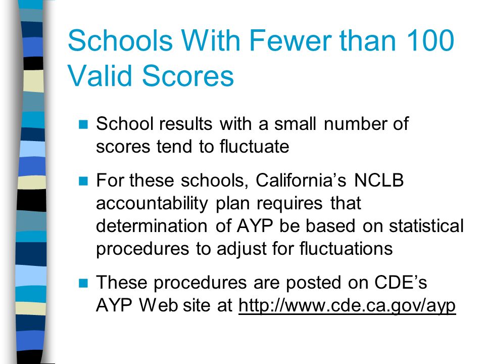 Schools With Fewer than 100 Valid Scores School results with a small number of scores tend to fluctuate For these schools, California’s NCLB accountability plan requires that determination of AYP be based on statistical procedures to adjust for fluctuations These procedures are posted on CDE’s AYP Web site at