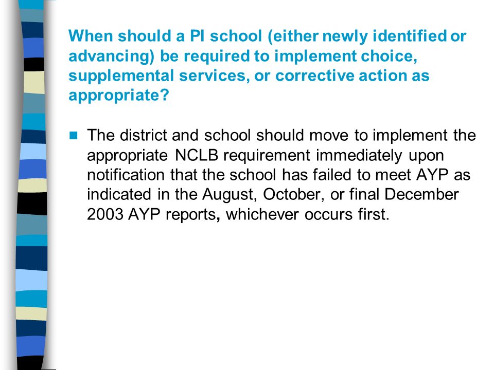 When should a PI school (either newly identified or advancing) be required to implement choice, supplemental services, or corrective action as appropriate.