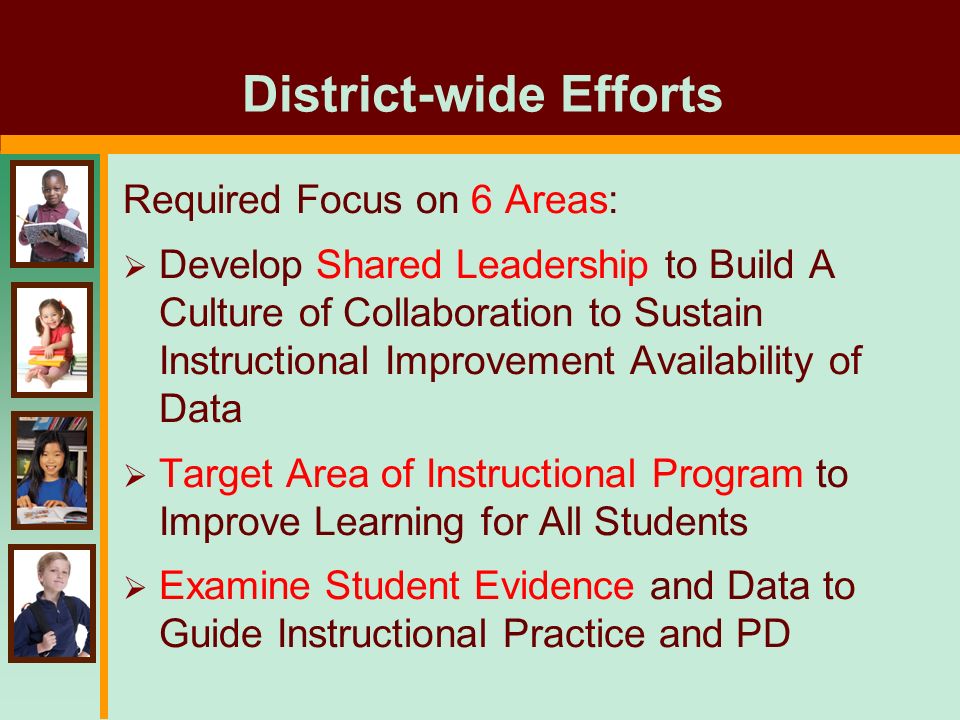 District-wide Efforts Required Focus on 6 Areas:  Develop Shared Leadership to Build A Culture of Collaboration to Sustain Instructional Improvement Availability of Data  Target Area of Instructional Program to Improve Learning for All Students  Examine Student Evidence and Data to Guide Instructional Practice and PD