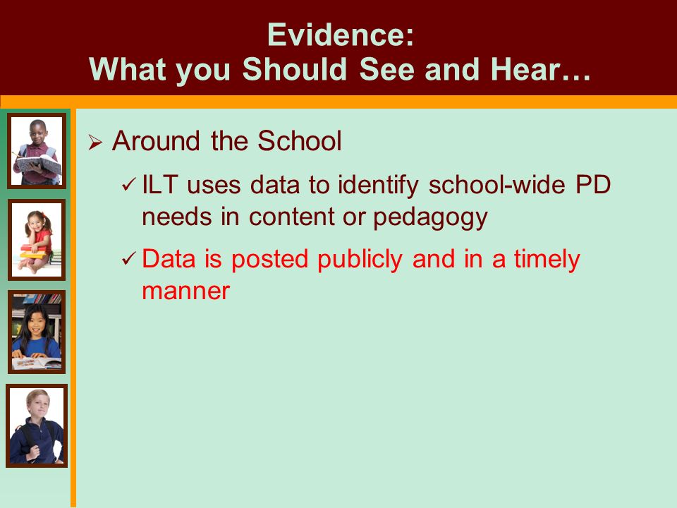 Evidence: What you Should See and Hear…  Around the School ILT uses data to identify school-wide PD needs in content or pedagogy Data is posted publicly and in a timely manner