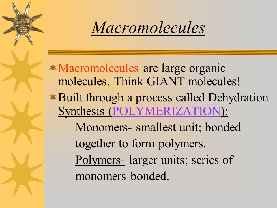Macromolecules  Macromolecules are large organic molecules.