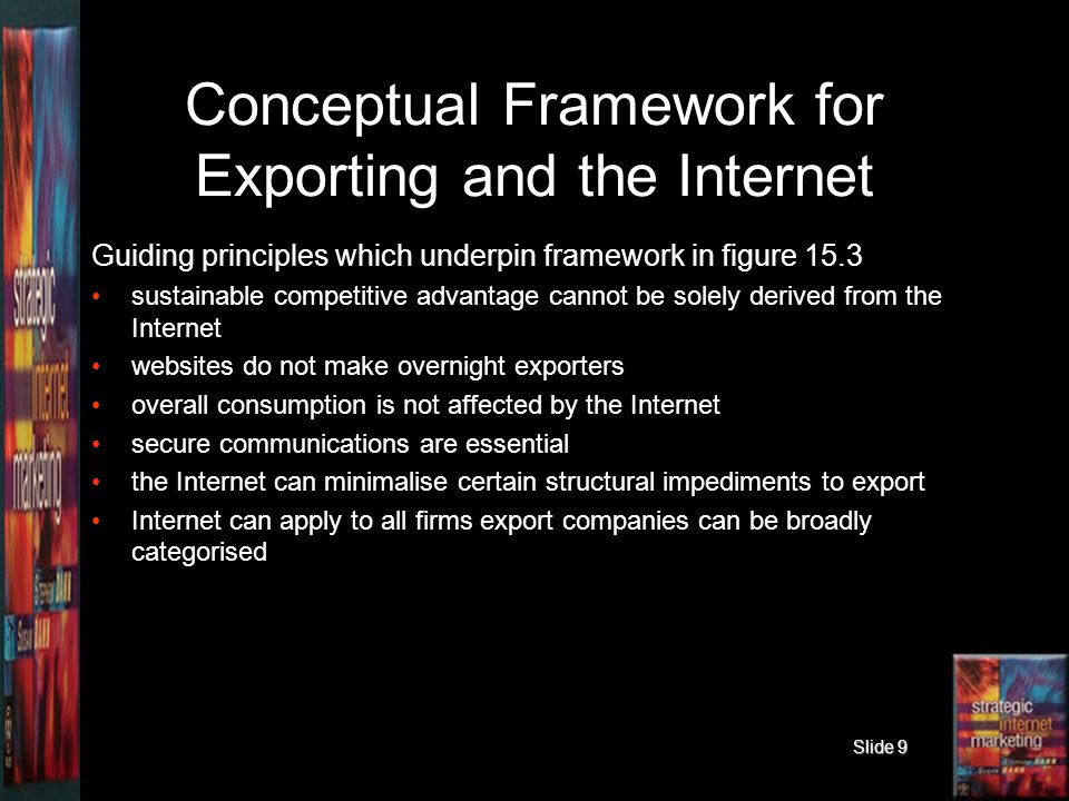 Slide 9 Conceptual Framework for Exporting and the Internet Guiding principles which underpin framework in figure 15.3 sustainable competitive advantage cannot be solely derived from the Internet websites do not make overnight exporters overall consumption is not affected by the Internet secure communications are essential the Internet can minimalise certain structural impediments to export Internet can apply to all firms export companies can be broadly categorised