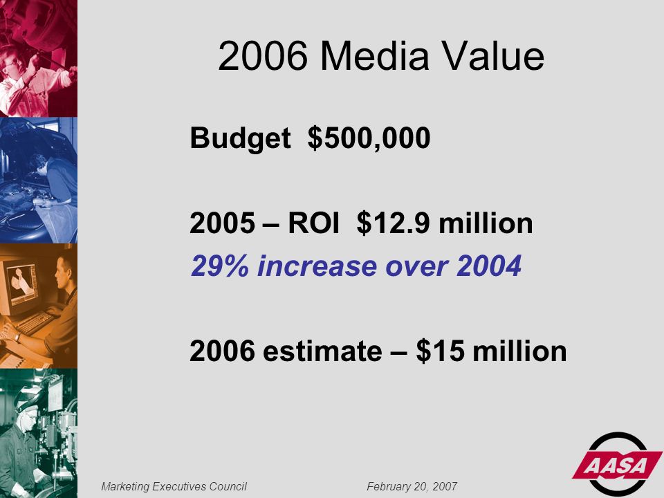 Marketing Executives Council February 20, Media Value Budget $500, – ROI $12.9 million 29% increase over estimate – $15 million