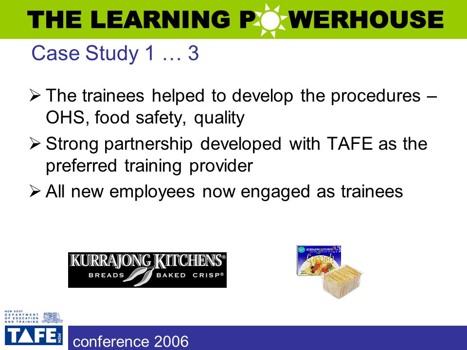 conference 2006  The trainees helped to develop the procedures – OHS, food safety, quality  Strong partnership developed with TAFE as the preferred training provider  All new employees now engaged as trainees Case Study 1 … 3