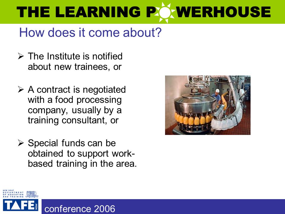 conference 2006  The Institute is notified about new trainees, or  A contract is negotiated with a food processing company, usually by a training consultant, or  Special funds can be obtained to support work- based training in the area.