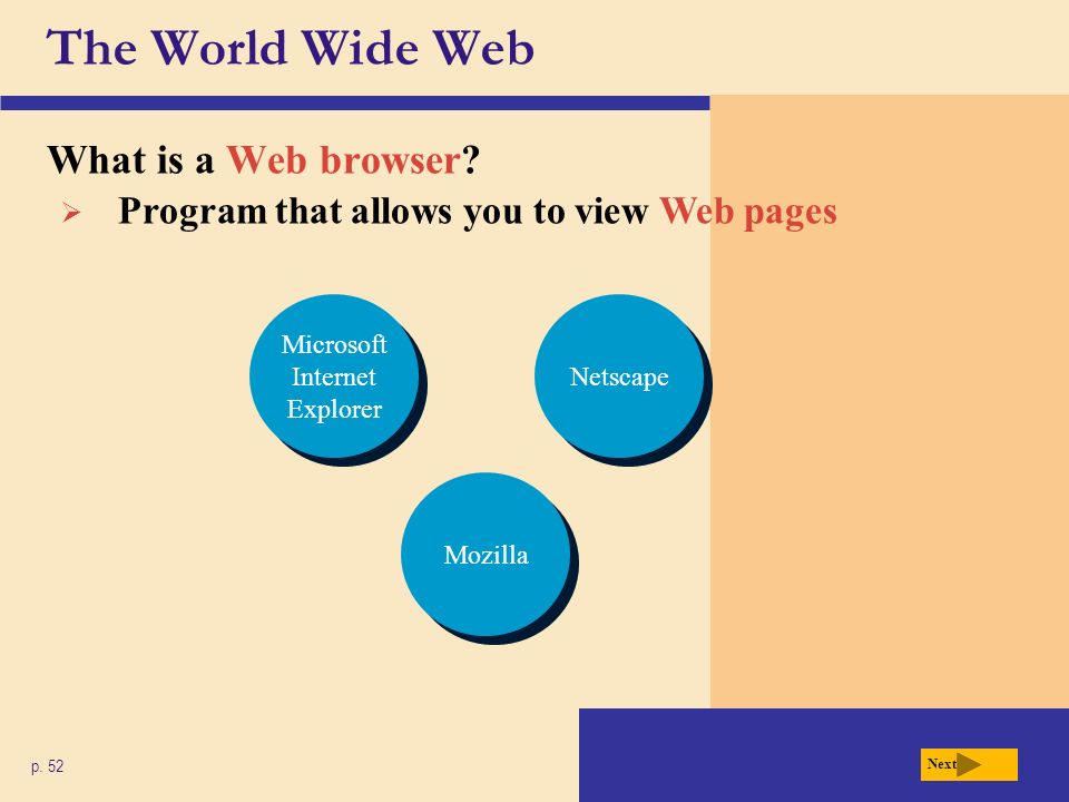 The World Wide Web What is a Web browser. p.