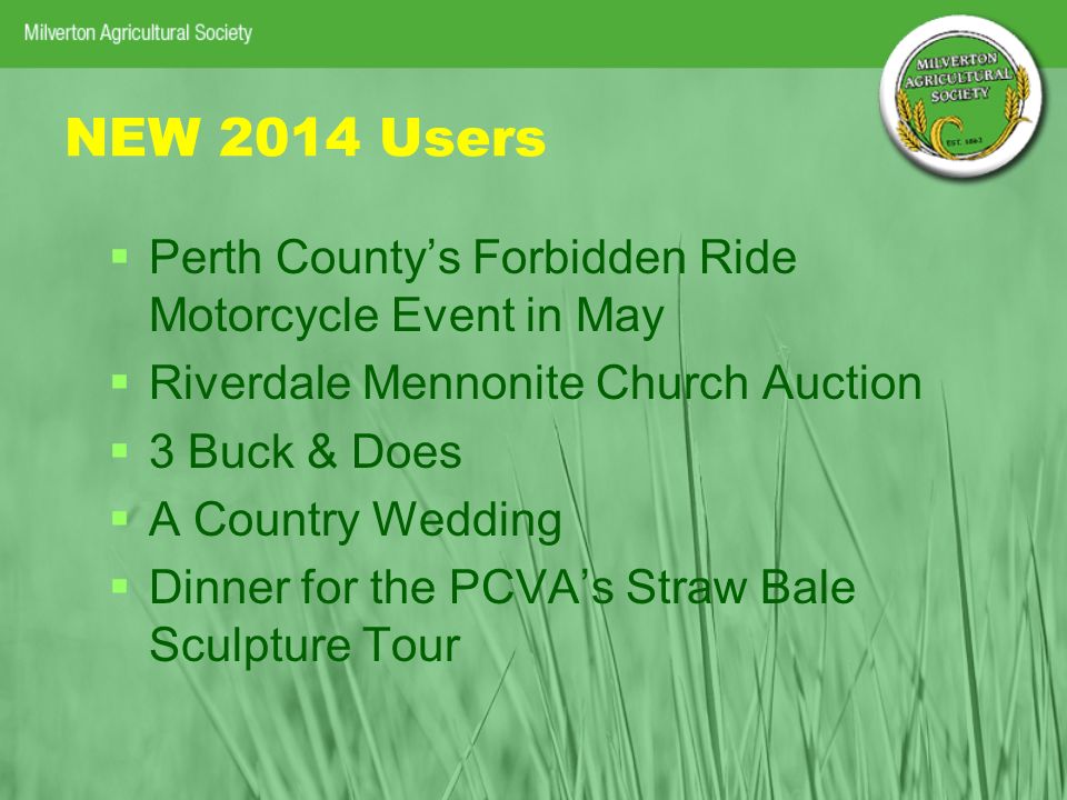 NEW 2014 Users   Perth County’s Forbidden Ride Motorcycle Event in May   Riverdale Mennonite Church Auction   3 Buck & Does   A Country Wedding   Dinner for the PCVA’s Straw Bale Sculpture Tour
