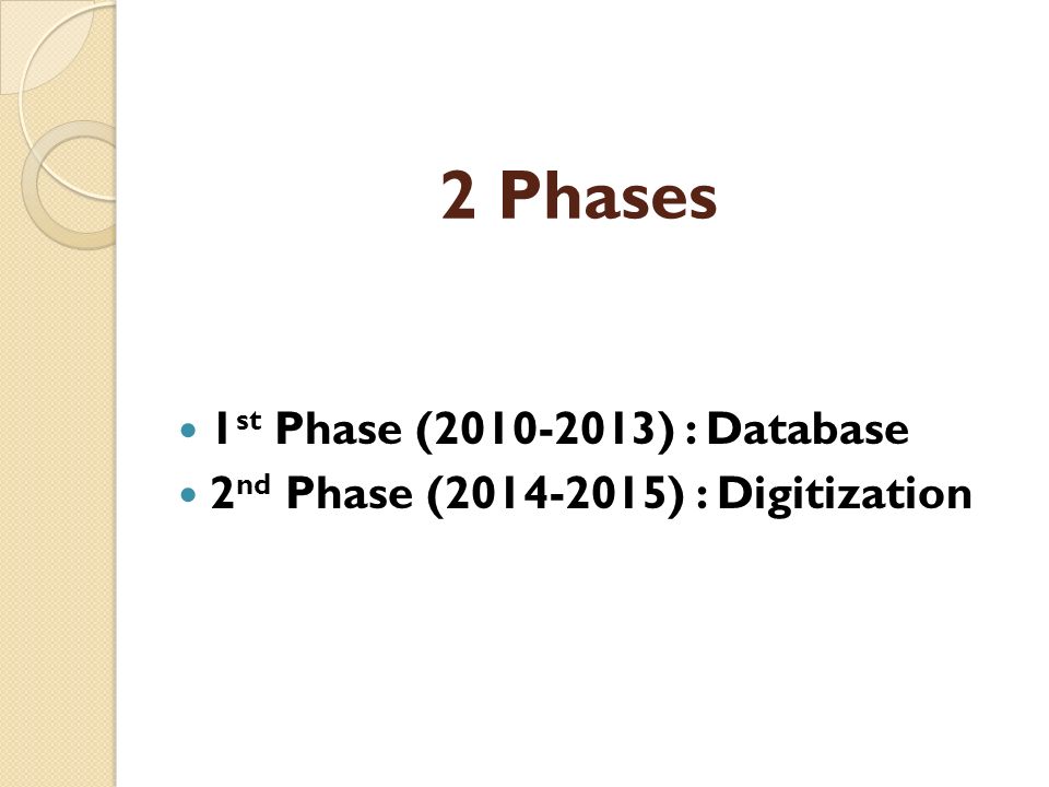 2 Phases 1 st Phase ( ) : Database 2 nd Phase ( ) : Digitization