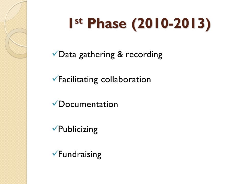 1 st Phase ( ) Data gathering & recording Facilitating collaboration Documentation Publicizing Fundraising