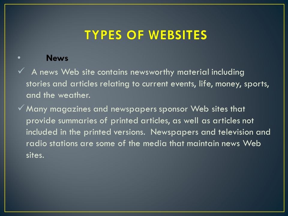 News A news Web site contains newsworthy material including stories and articles relating to current events, life, money, sports, and the weather.